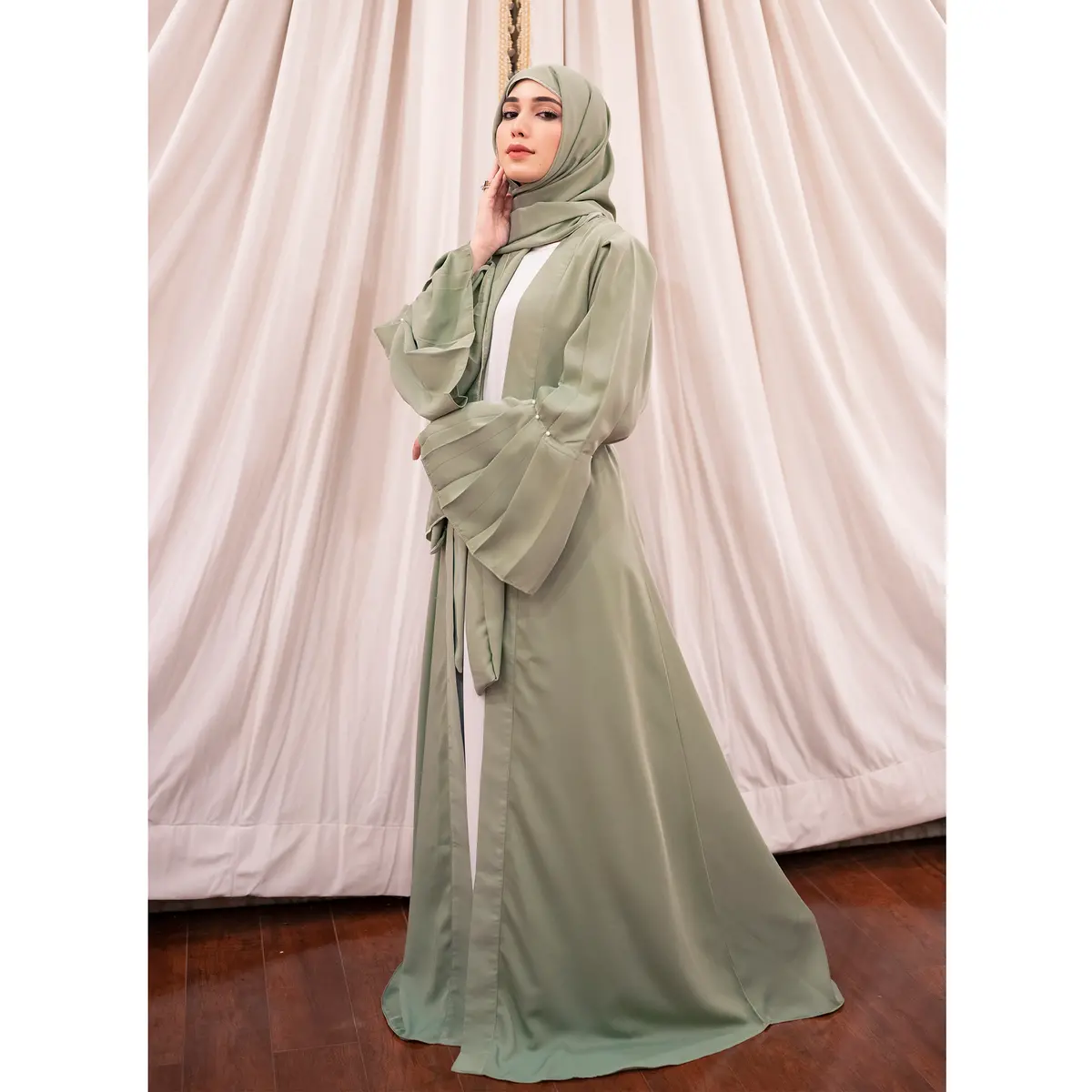 Puff Sleeves Front Open Abaya (Pastel) 1