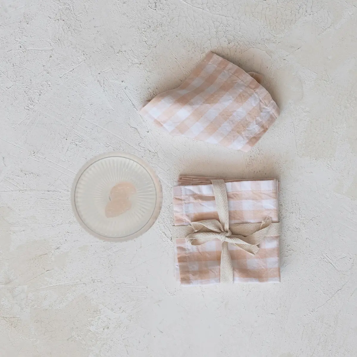 Cotton Cocktail Napkins W/ Gingham Pattern, Blush Color, Set 1