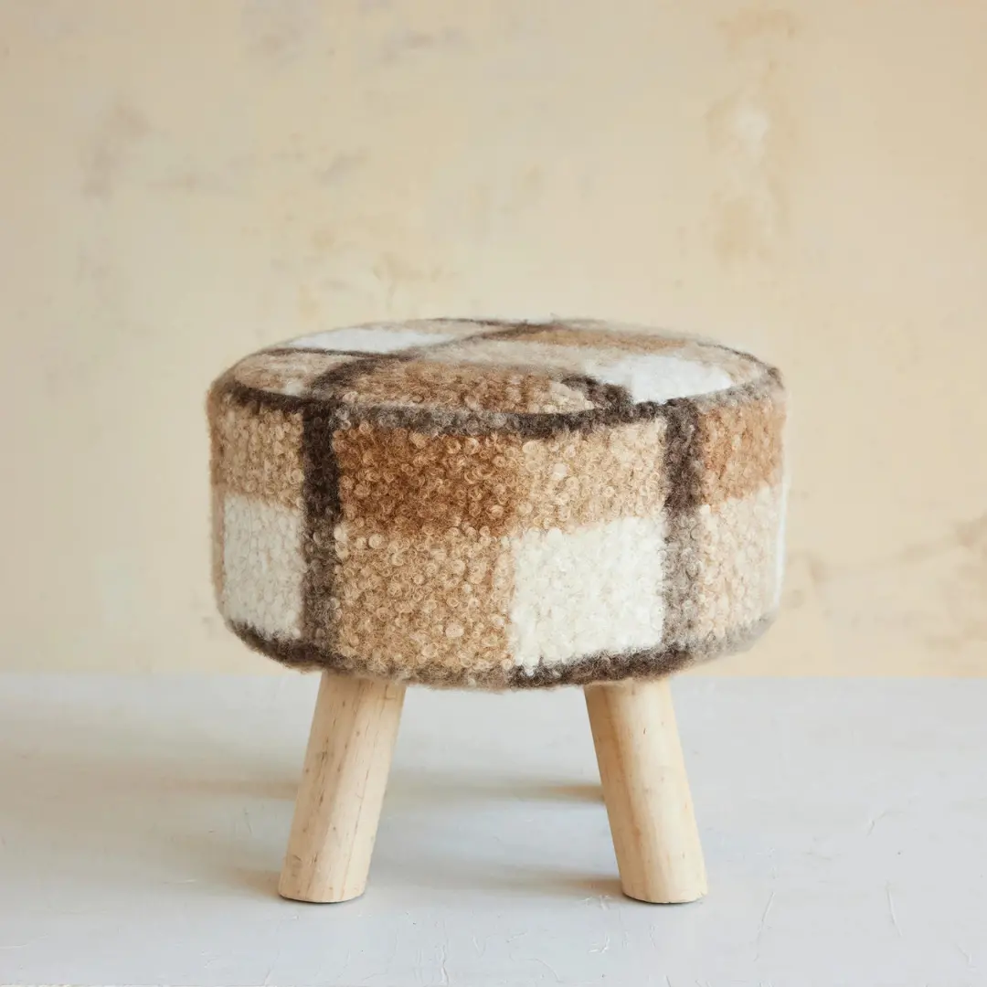Faux Sherpa Fabric Upholstered Stool, Brown Plaid 1