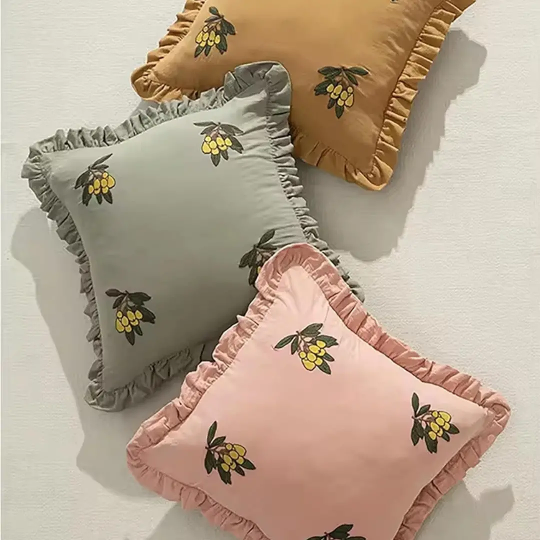 Embroidered Loquat Ruffle Throw Pillow, Sage 1