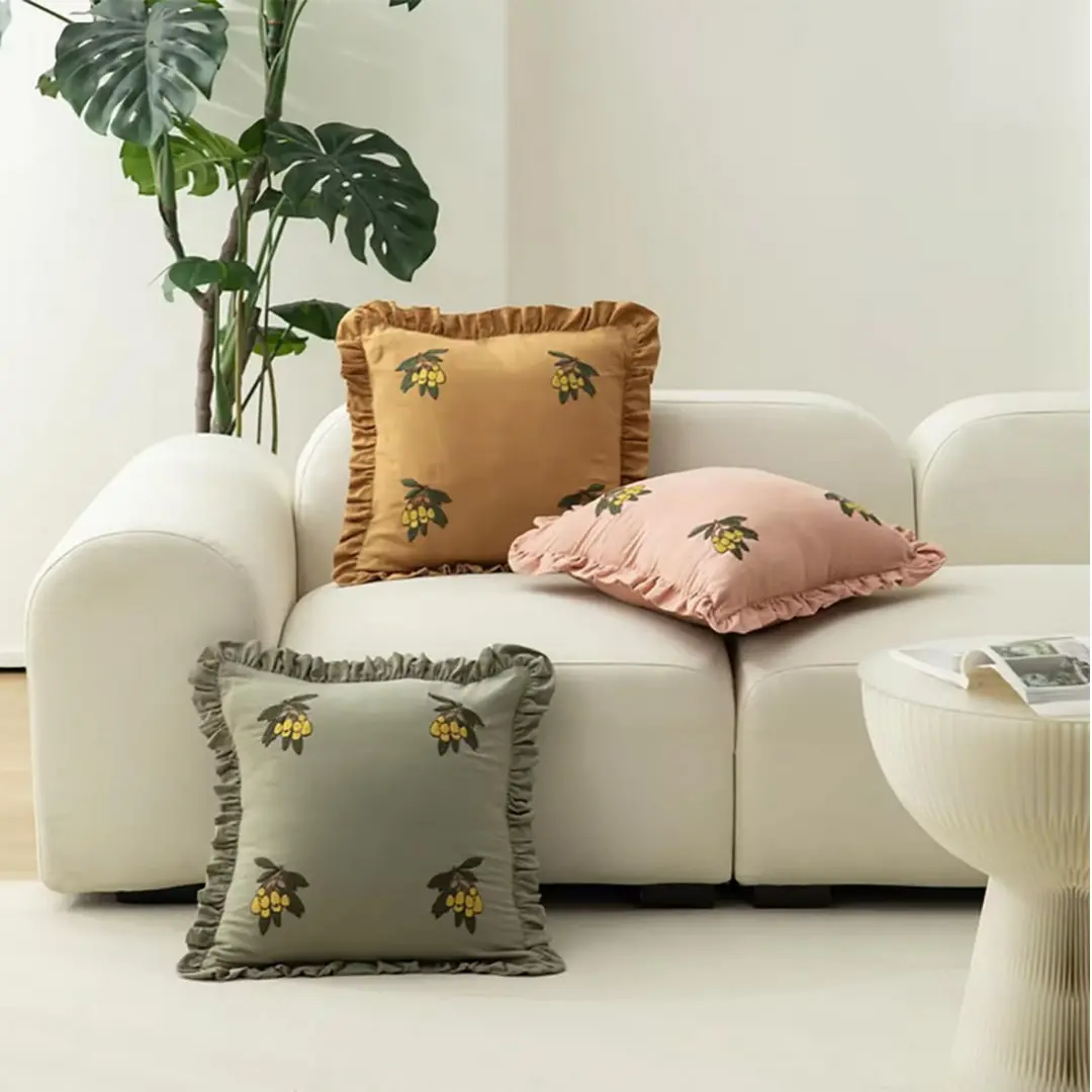 Embroidered Loquat Ruffle Throw Pillow, Clay 1