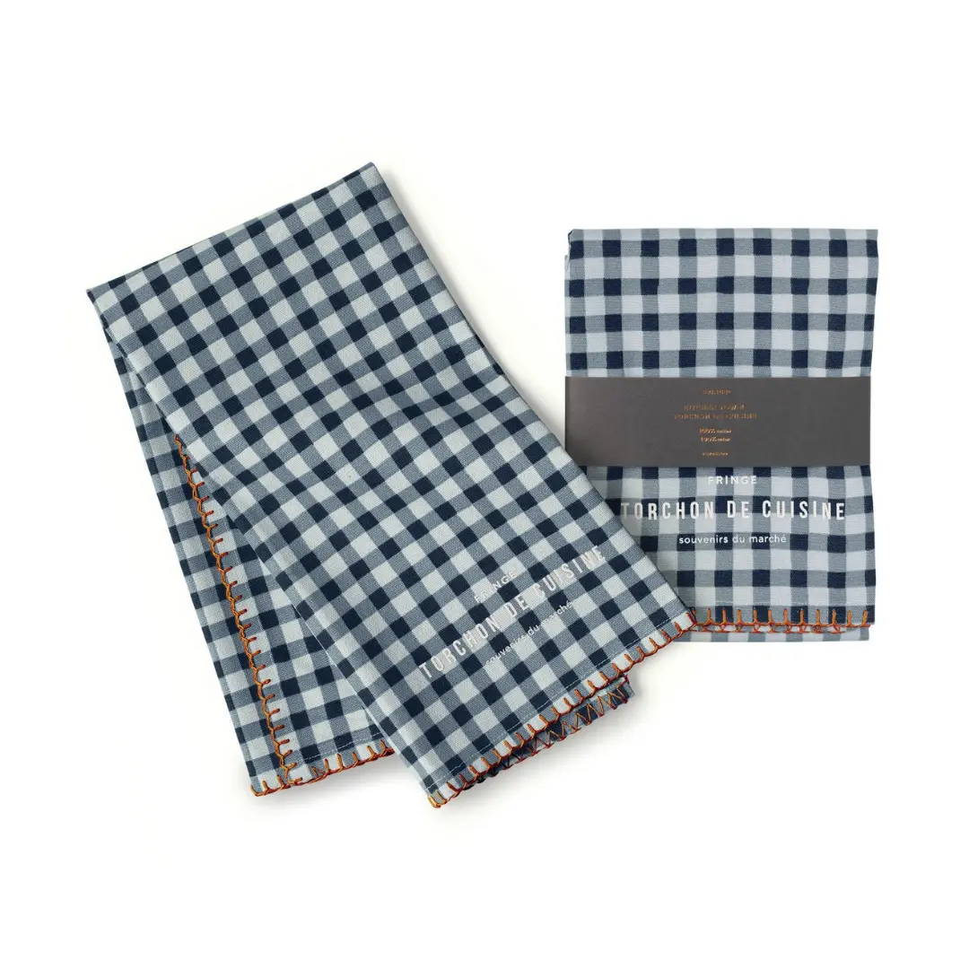 Gingham Blue Cotton Tea Towel 1