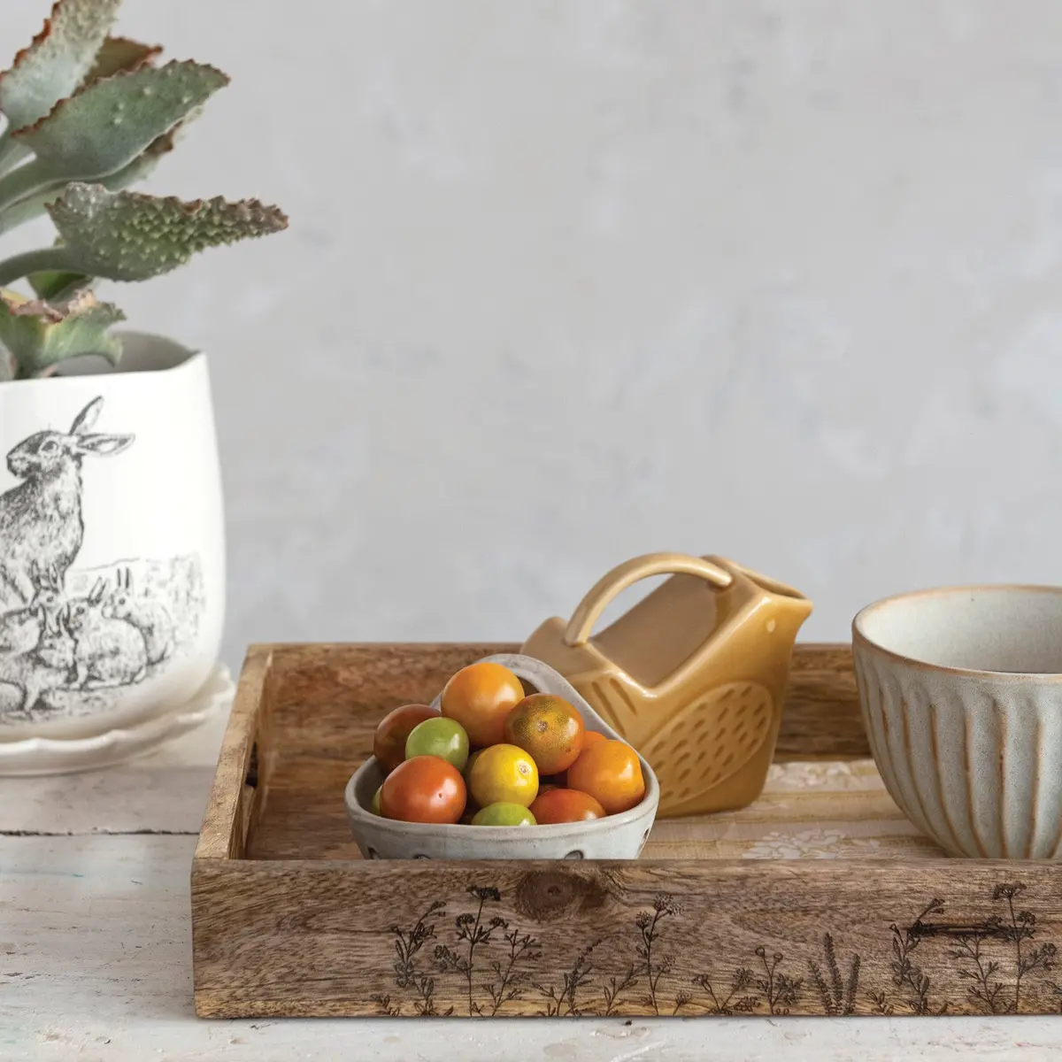 Decorative Mango Wood Tray W/ Botanicals 1