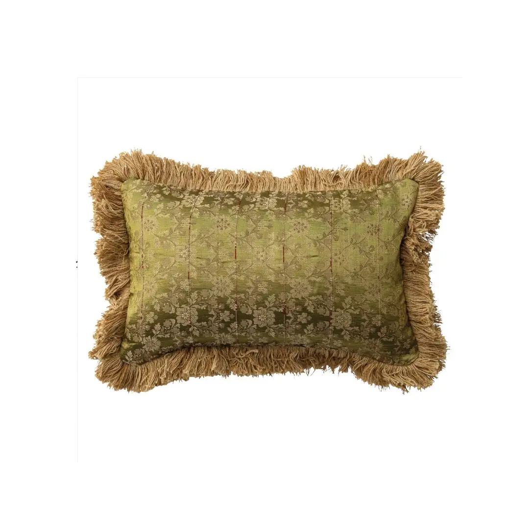 Fabric Blend Jacquard Lumbar Pillow W/ Brocade Pattern, Fringe 1