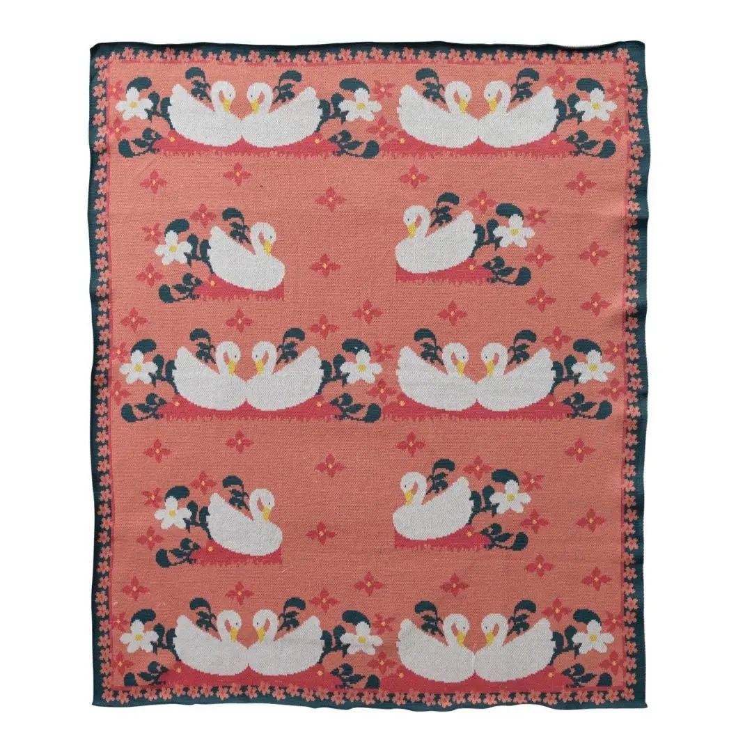 Cotton Knit Baby Blanket With Swans & Flowers 1