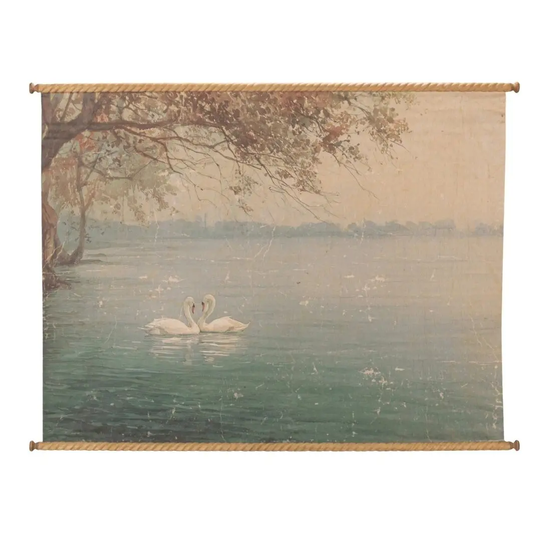 Carved Wood & Canvas Scroll Wall Decor With Swans, Distressed 1