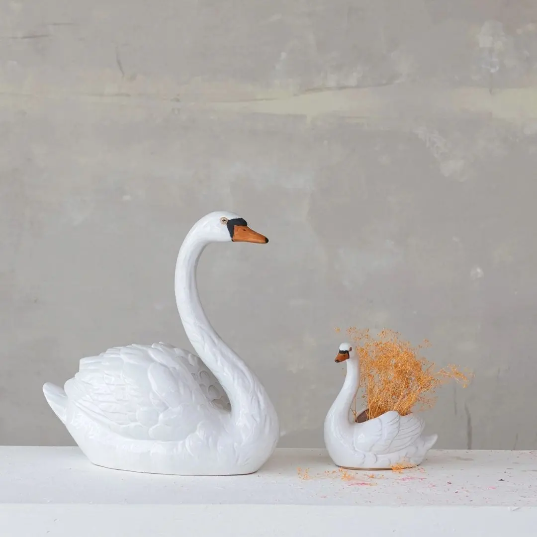 Stoneware Swan Planter, White, Orange Color & Black 1