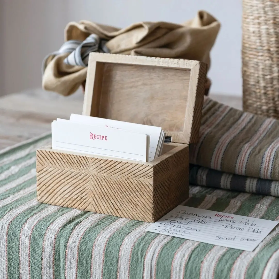 Hand-Carved Mango Wood Recipe Box With 25 Recipe Cards, Natural 1