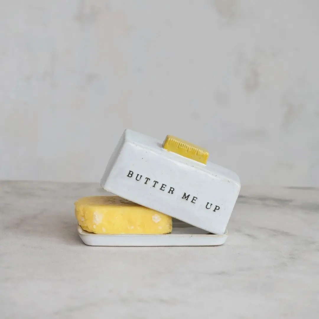 Stoneware Butter Dish W/ Debossed "Butter Me Up", Reactive 1