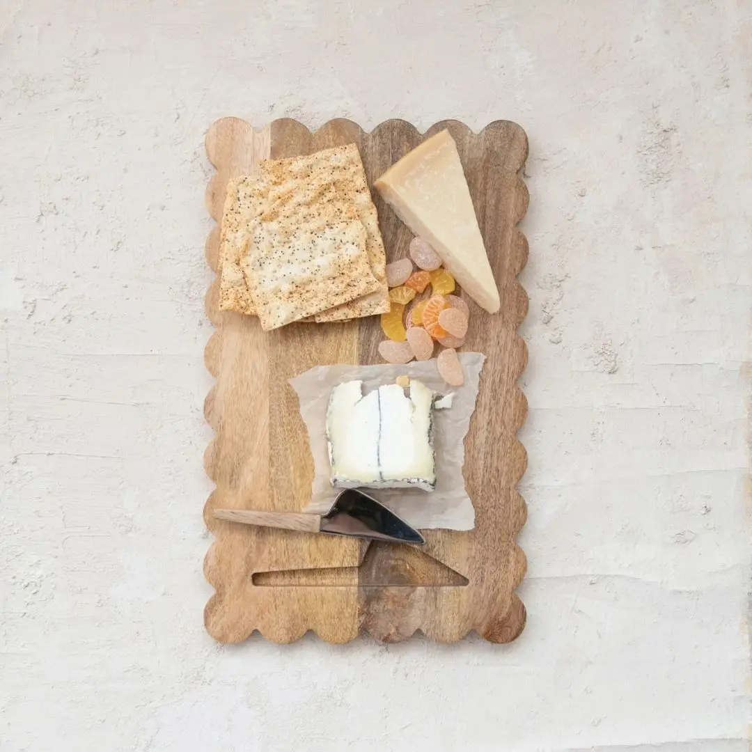 Mango Wood Scalloped Cheese/Serving Board W/ Stainless 1