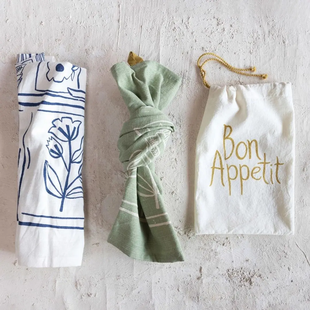 Cotton Slub Tea Towels W/ Kitchen Scene & Loops, 2 Colors, Set Of 2 1