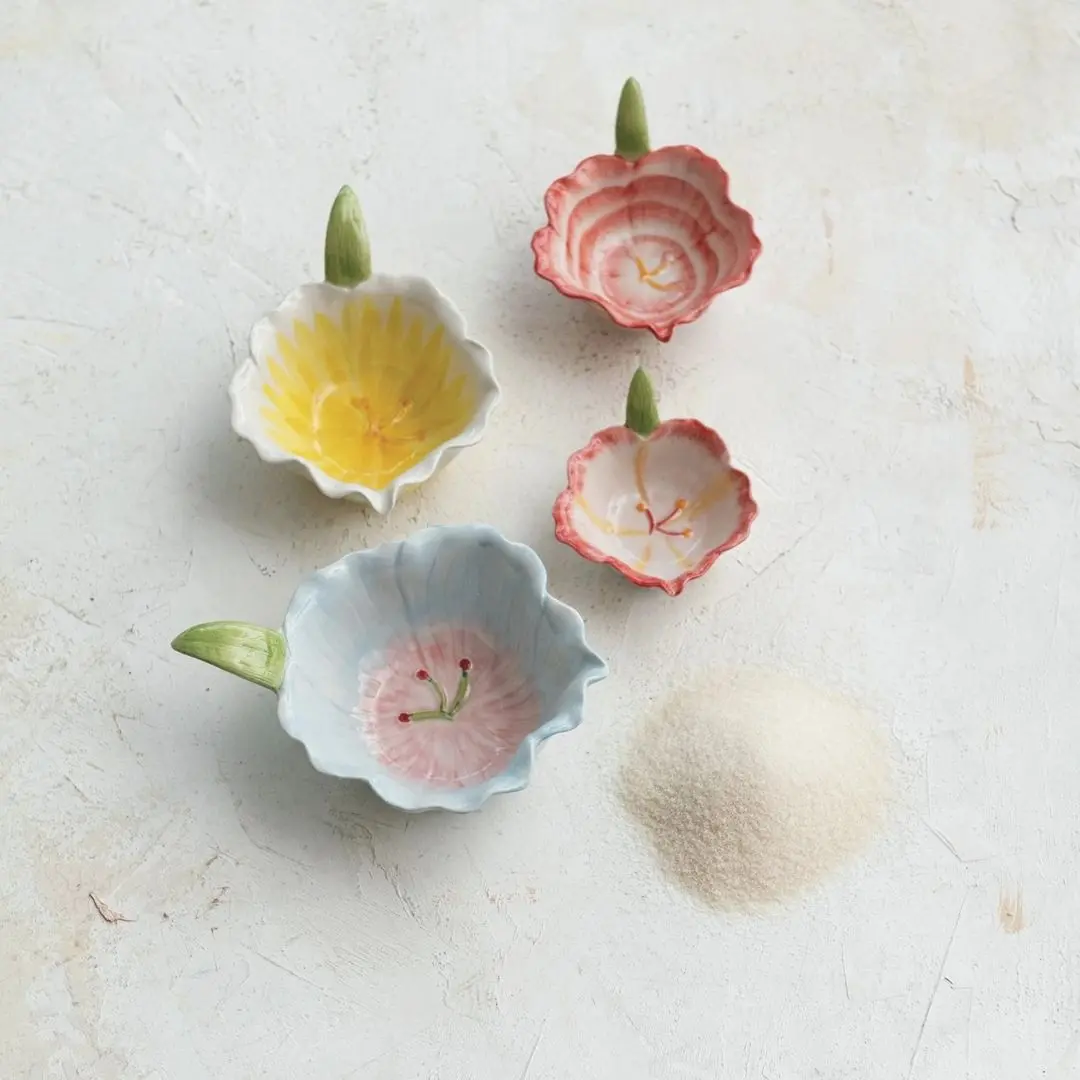 Hand-Painted Stoneware Flower Shaped Prep Bowls, Set Of 4 1