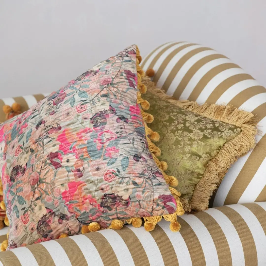 Velvet Printed Pillow W/ Hand-Embroidered Kantha Stitch 1