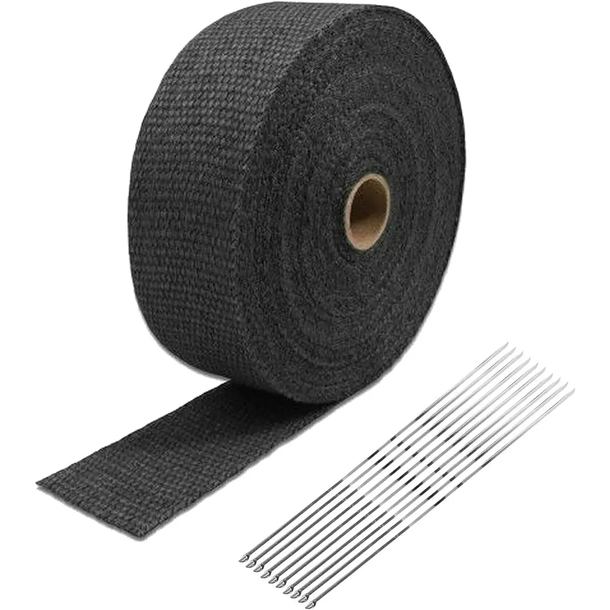 2" X 50' Exhaust Pipe Heat Wrap Tape Roll Fiberglass With 10X Stainless Ties Black 1