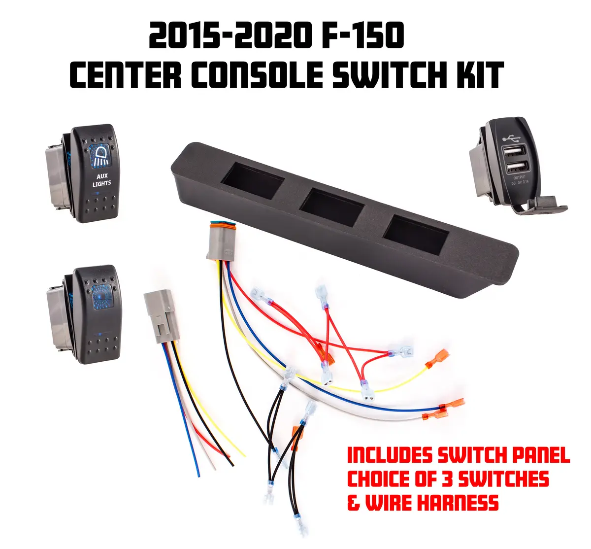 Spv Parts 2015-2020 F-150 3-Hole Switch Panel (Complete Kit) Includes Panel, Choice Of Switches And Wire Harness 1
