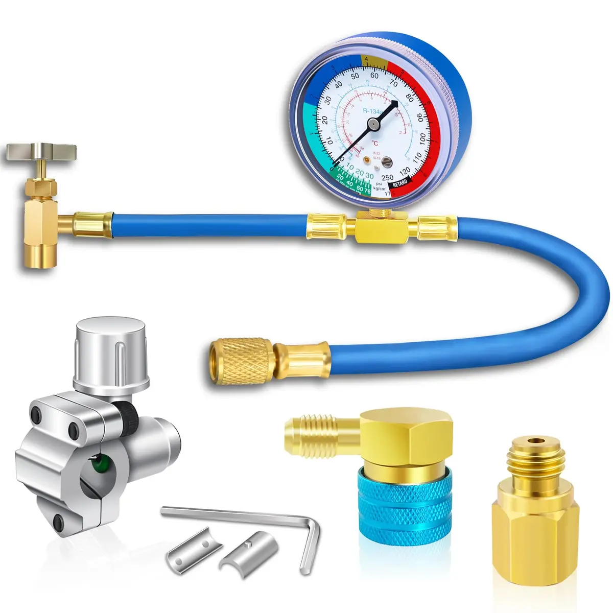 R134a Refrigerator Freon Recharge Hose Kit With Bpv31 Bullet Piercing Tap Valve & R134a Self-Sealing Adapter For Home A/C 1