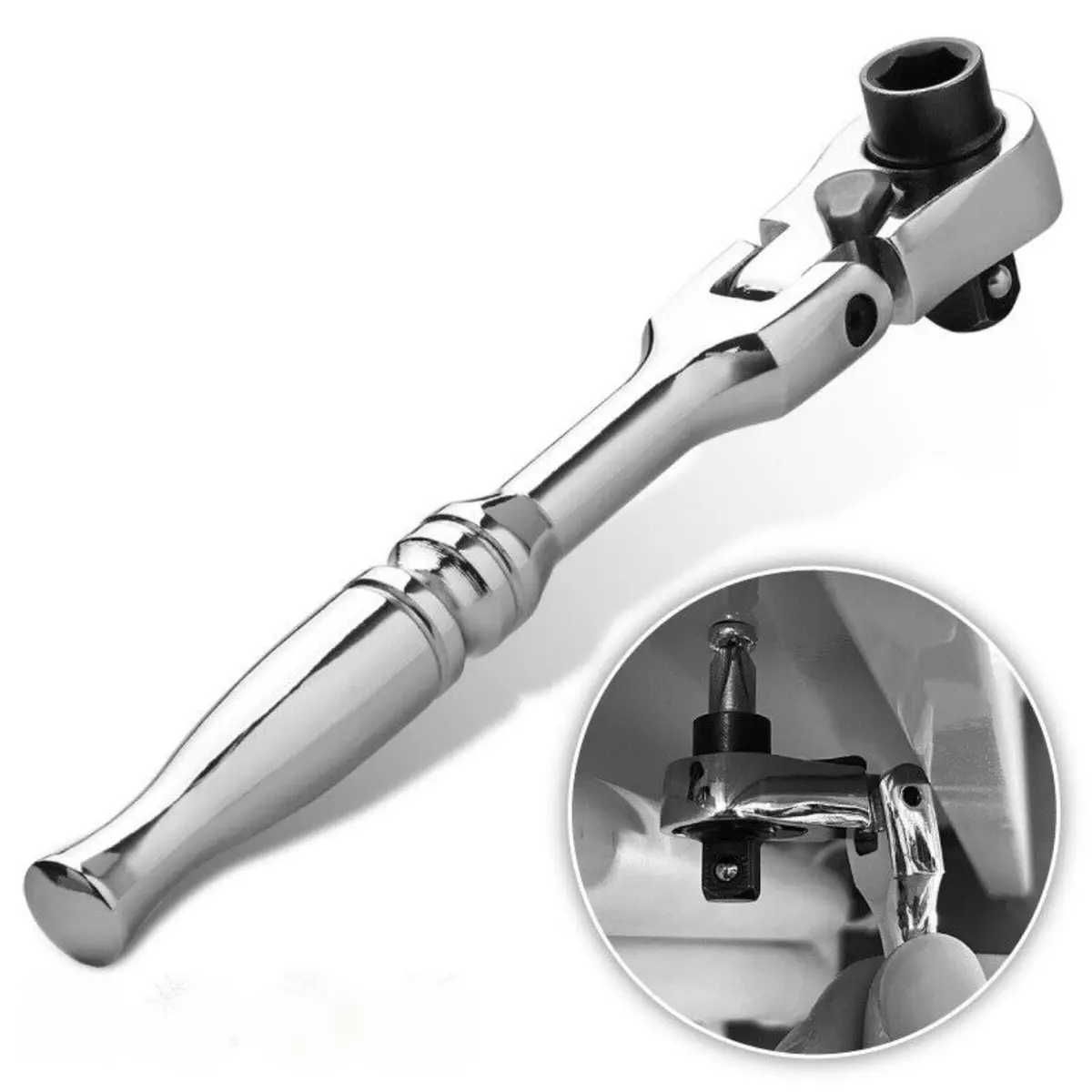 Ratchet Handle Socket Wrench 1/4" Drive 72 Tooth Flexi Head Stubby 115Mm Rounded 1