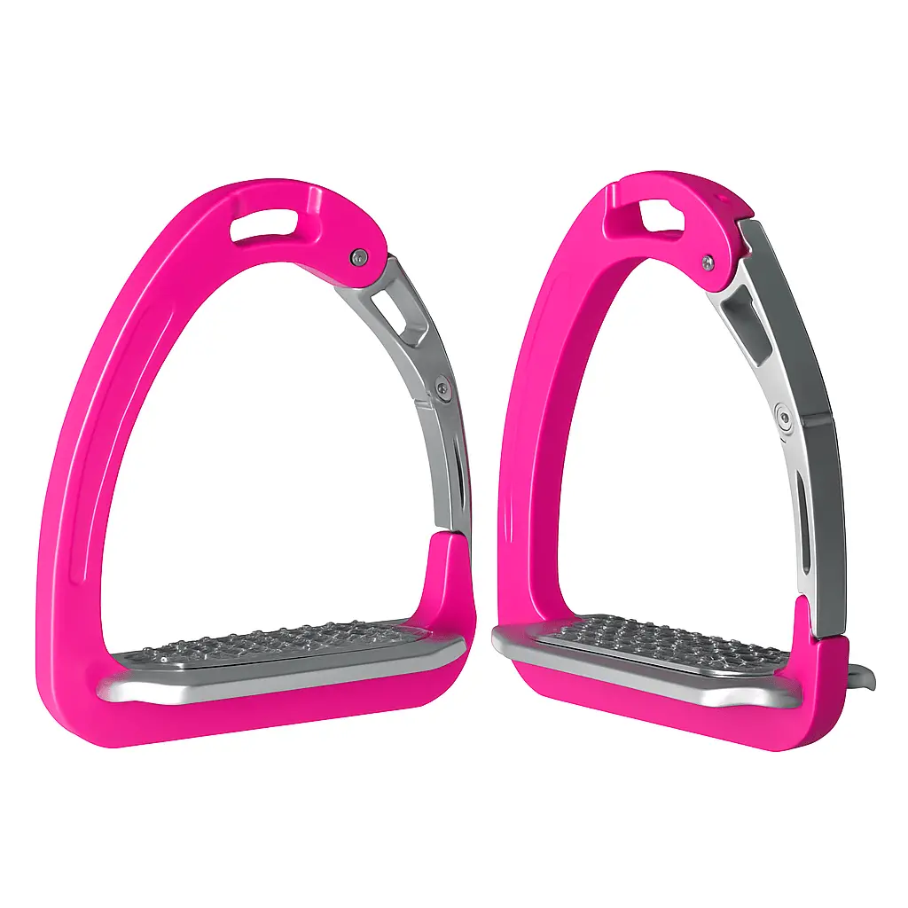 Equisafety Caballus Safety Stirrups - Double Arm Action & 5 Degree Inclination - Hi Vis Pink 1