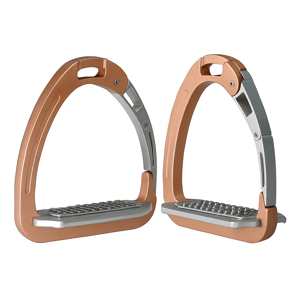 Equisafety Caballus Safety Stirrups - Double Arm Action & 5 Degree Inclination - Rose Gold 1
