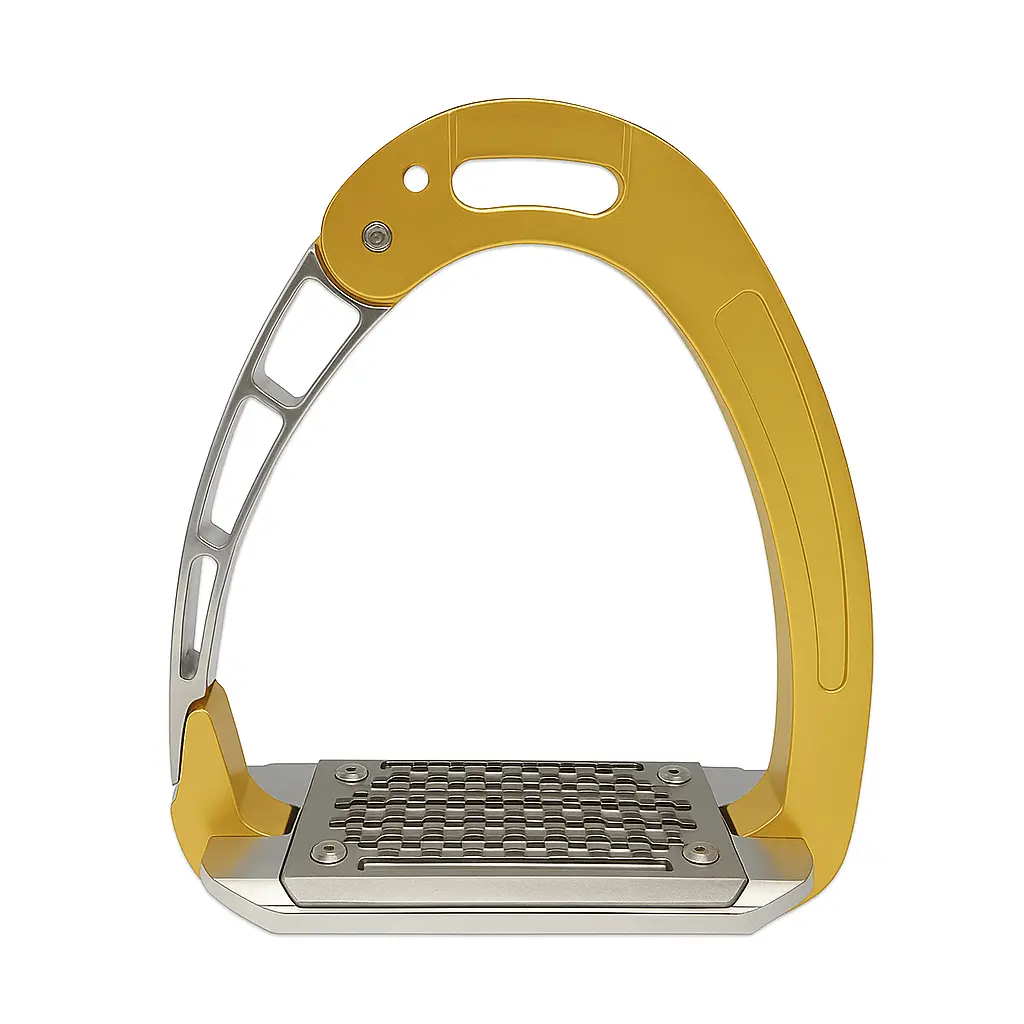 Equisafety Caballus Safety Stirrups - Single Arm Action & 5 Degree Inclination - Gold 1