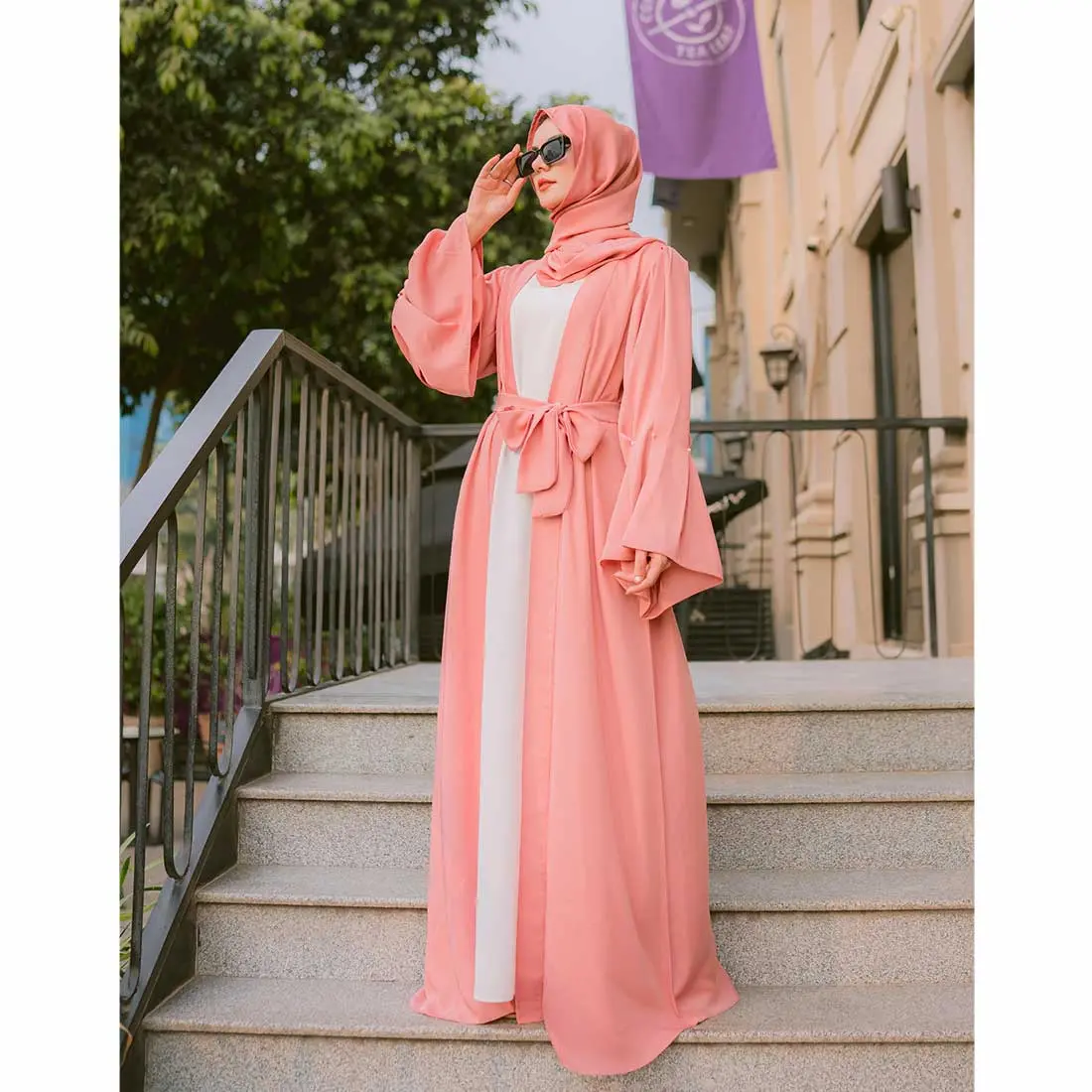 Puff Sleeves Front Open Abaya (Pink) 1