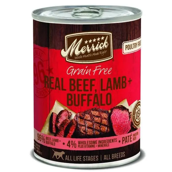 Merrick Grain Free 96% Real Beef Lamb And Buffalo Canned Dog Food 1
