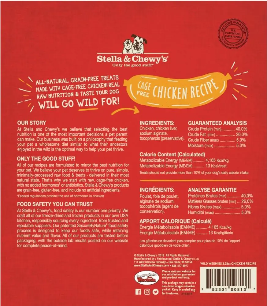 Stella & Chewy's Wild Weenies Grain Free Chicken Recipe Freeze Dried Raw Dog Treats 2