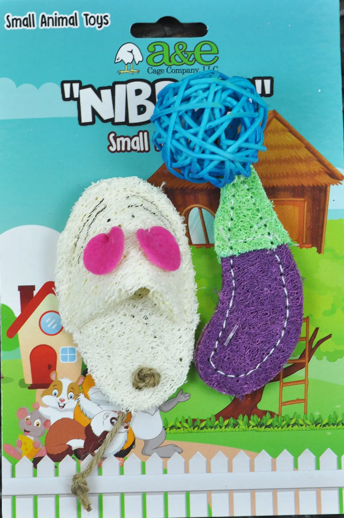 Ae Cage Company Nibbles Loofah Assortment (Eggplant, Ball & Mouse) Chew Toys 1