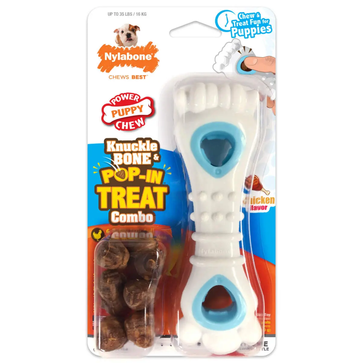 Nylabone Puppy Power Chew Knuckle Bone & Pop-In Puppy Treat Toy Combo Chicken 1