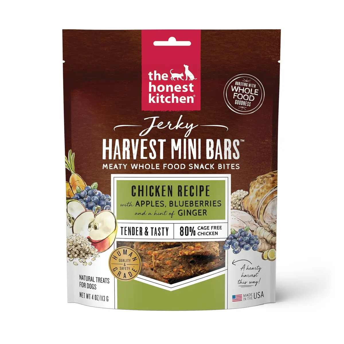 The Honest Kitchen Jerky Harvest Mini Bars Chicken Recipe With Apples & Blueberries Dog Treat 1
