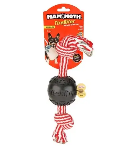 Mammoth Tirebiter Ball With Extra 2 Knot Rope Dog Toy 1