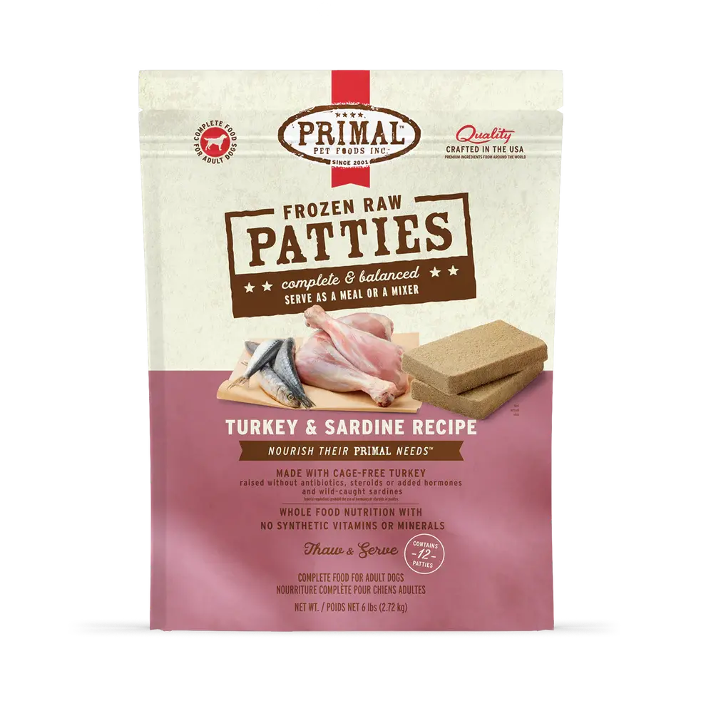 Primal Pet Foods Frozen Raw Patties Dog Food Turkey & Sardine Recipe 1