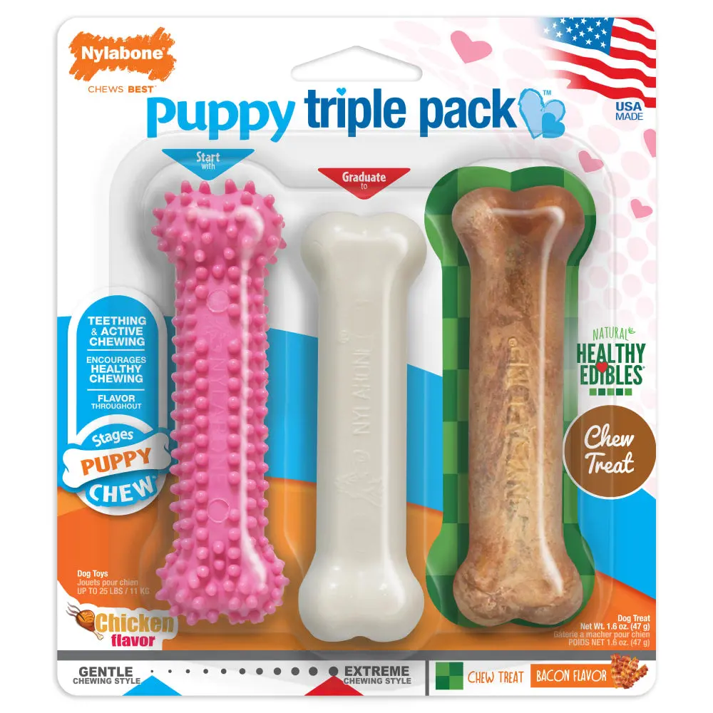 Nylabone Puppy Chew Toys & Treat Triple Pack 1