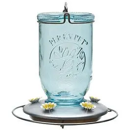 Hummingbird Feeder, Antique Blue Mason Jar 1