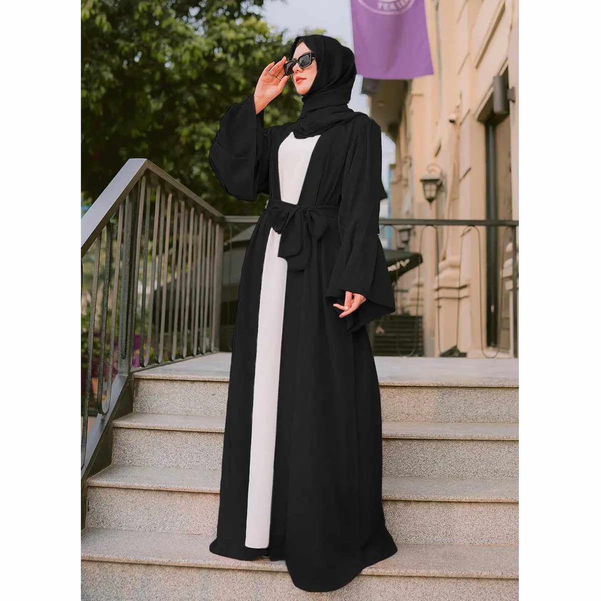 Puff Sleeves Front Open Abaya (Black) 1
