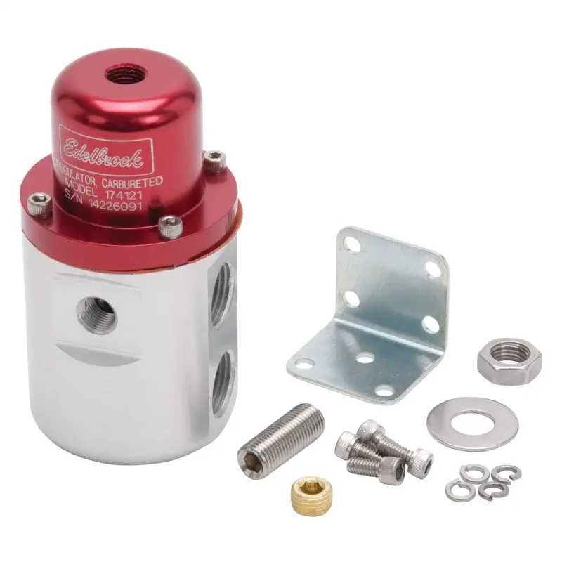 Edelbrock Carburetor Fuel Pressure Regulator – 5–10 Psi Adjustable, 160 Gph Flow, 3/8" Inlet/Outlet, Retainless Design With Red/Clear Finish 1