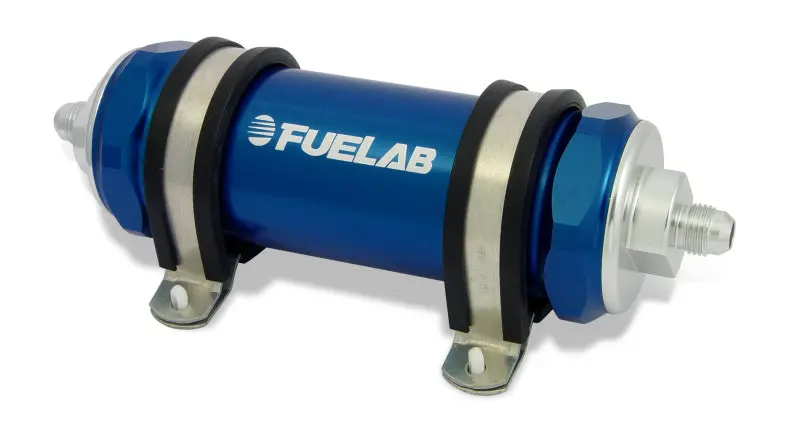 Fuelab 858 Inline Fuel Filter – Long-Body Design, -10An Fittings, 10-Micron Stainless Mesh, Integrated Check Valve – Blue Finish 1
