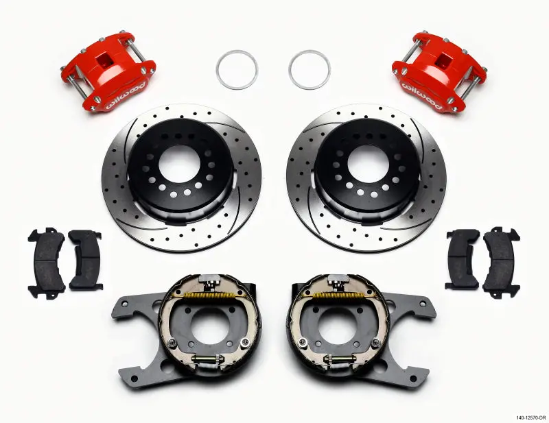Wilwood D154 Power Steering/Parking Brake Kit – Drilled, Red, 12-Bolt, 2.75" Offset, Staggered Shock Design 1